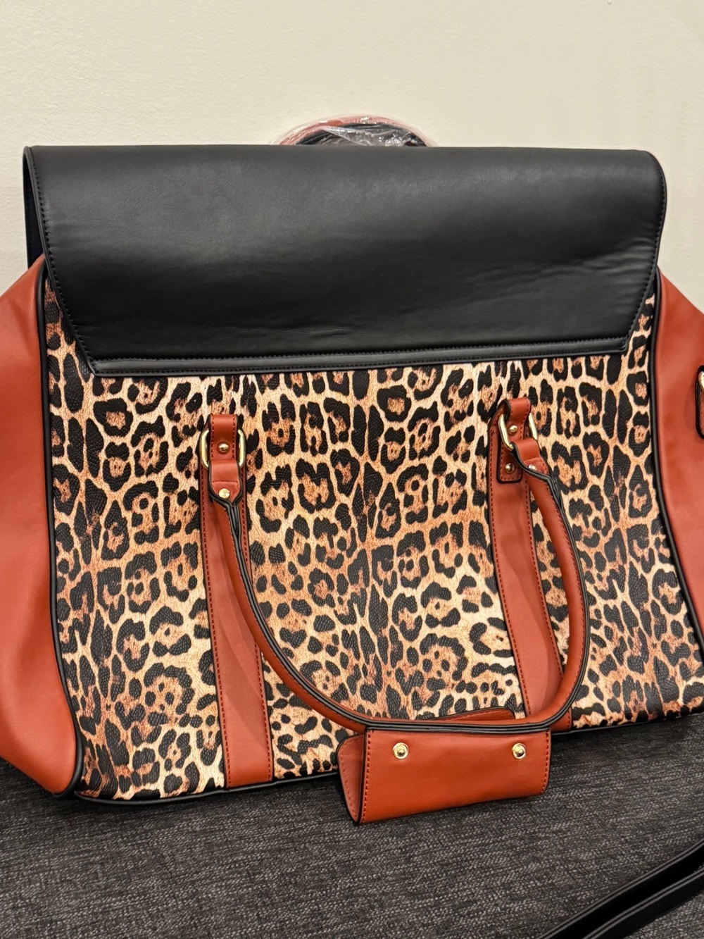 Badgley Mischka Leopard Print Leather Satchel Black Brown Accents weekender bag - Picture 14 of 15